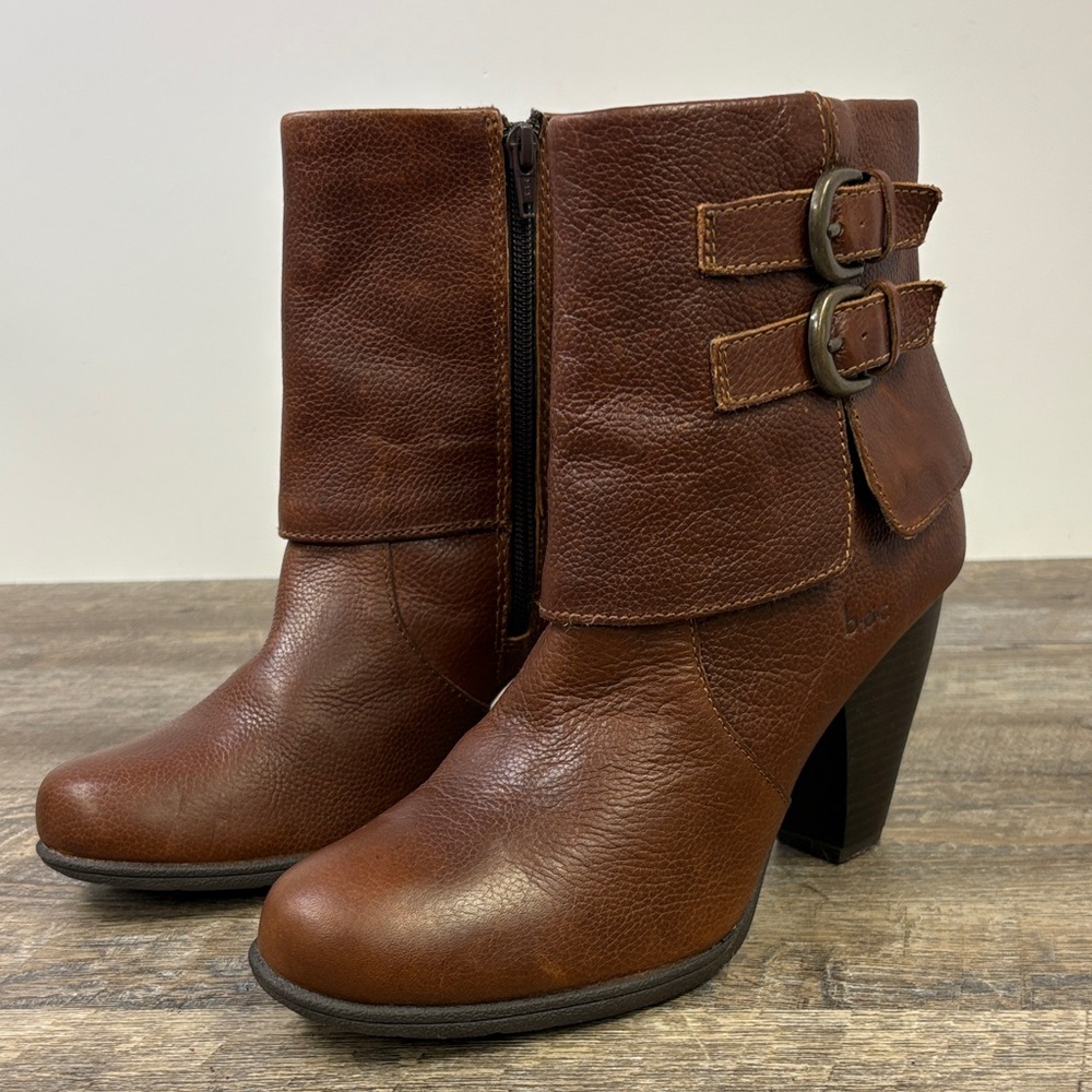 Børn Brown Leather Double Buckle Heeled Ankle Boots Women’s 8.5